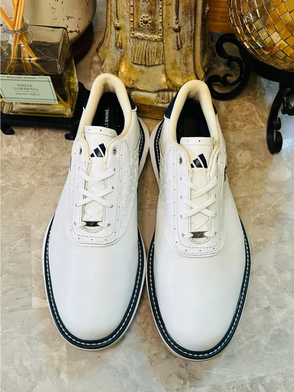Men’s Adidas MC70 SL Golf Shoes White Leather Navy Spikeless Torsion Size 10.5